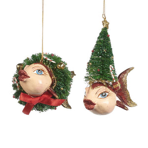 Vissen "Kerstboom & Kerstkrans" ornament - 2 stuks