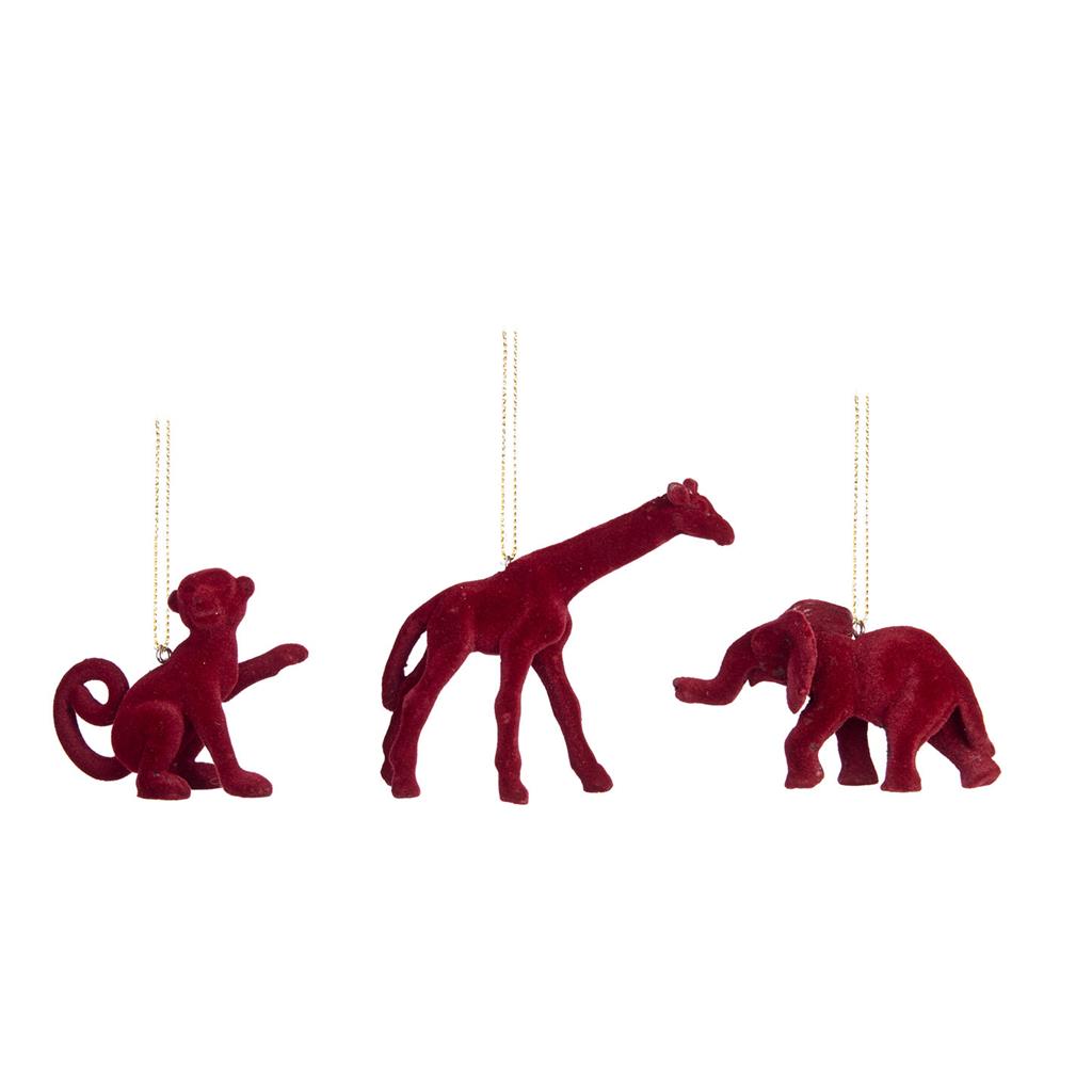 Aap/giraf/olifant ornament bordeaux - 3 stuks