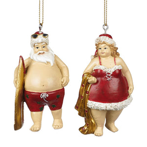 Kerstman en kerstvrouw surf ornament - 2 stuks